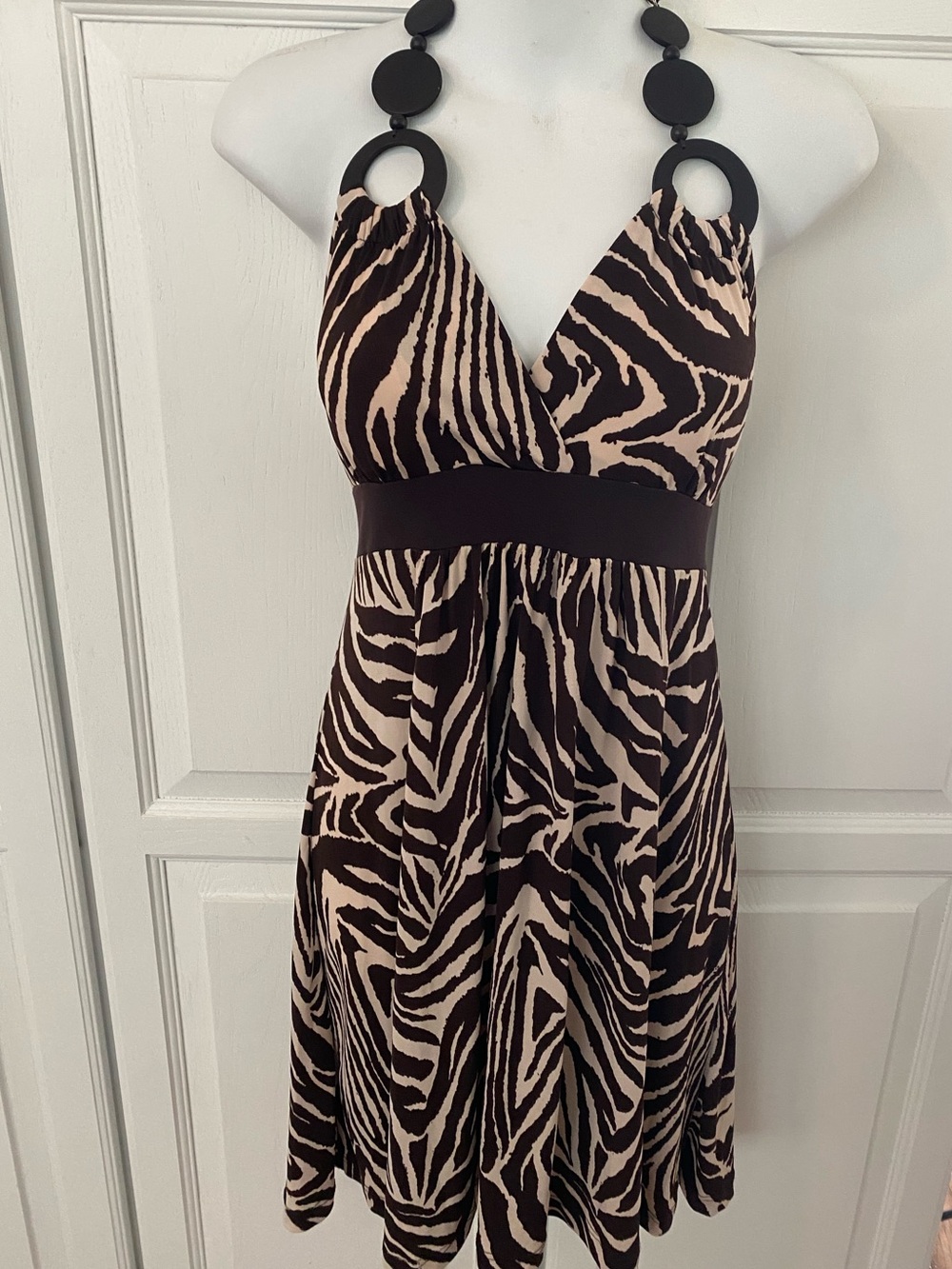 NWT O'lala Backless Zebra-Print Self-Tie Halter Dress in Black and Cream, Size L